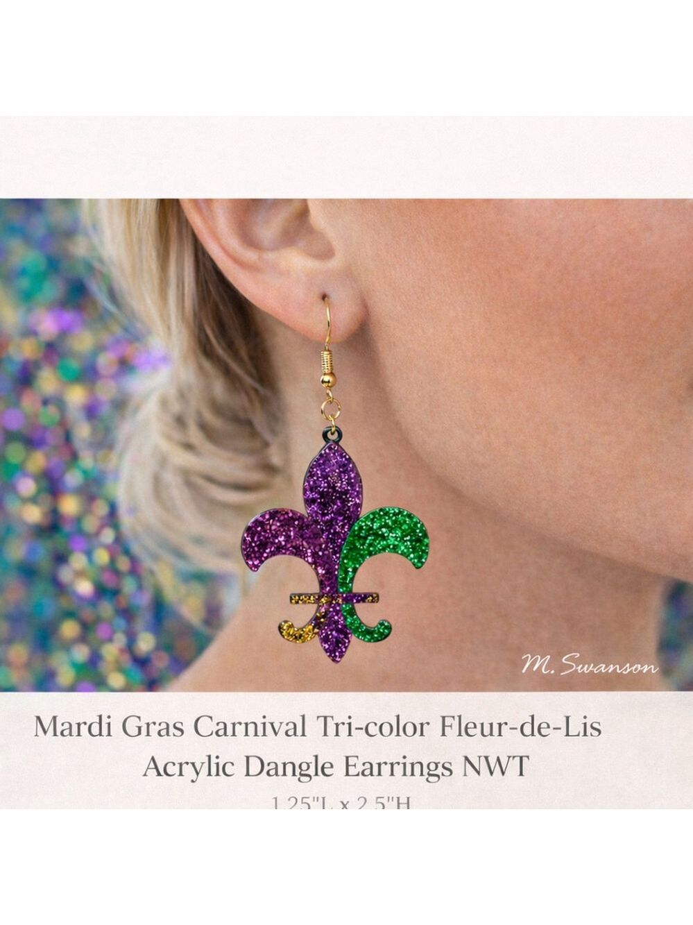 NEW Fleur de Lis Tri-color Dangle Earrings Mardi Gras Carnivale NWT